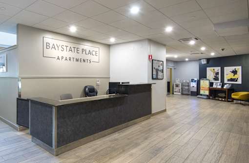 Apartment leasing office reception area at Baystate Place Apartments, Massachusetts, 1104