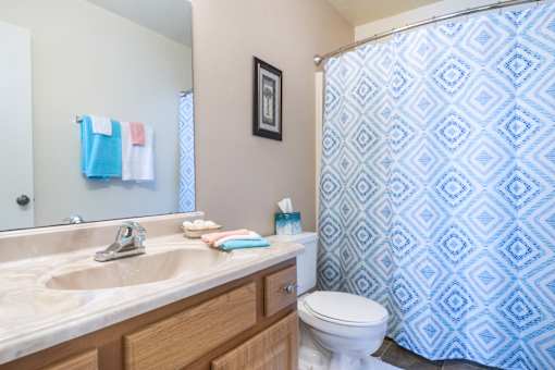 A bathroom with a toilet, sink, and shower curtain Fishermans Landing Apartments in Ormond Beach, FL.