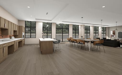 A modern kitchen with wooden floors and furniture.