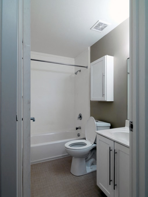 Bathroom at Wilkins Glen Apartments in Medfield, MA.