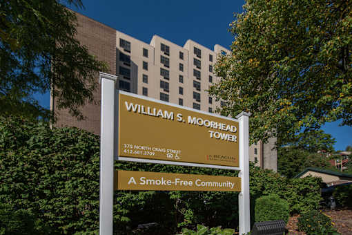 Main Monument Signage for William S. Moo at Moorhead Tower Apartments, Pittsburgh, PA, 15213