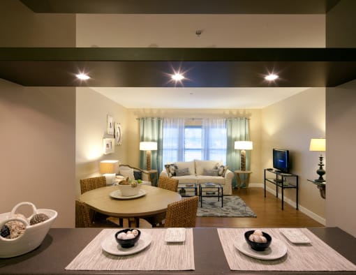 Open kitchen to living room at Ocean Shores Apartments in Marshfield, MA