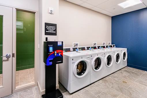 A row of washing machines in a laundromat