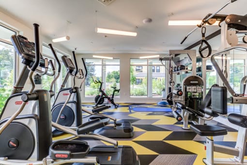 Fitness Center with Peloton at North Square Apartments in Amherst, MA