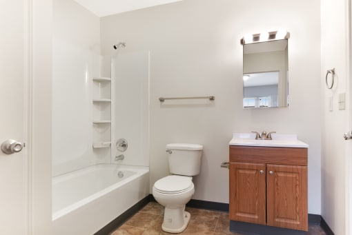 Bathroom with Modern Fixtures, Vanity, Shower and Bathtub  at Summit Wood Apartments, Watertown, NY, 13601