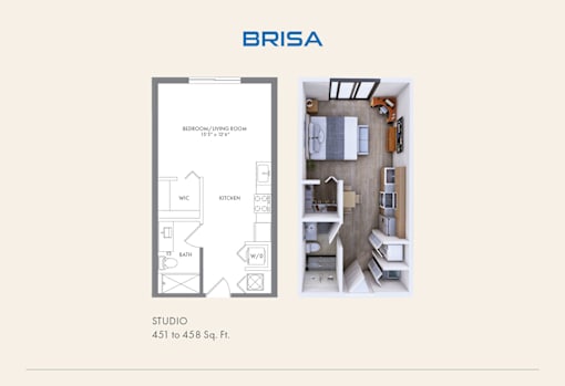 A floor plan and a 3D rendering of a studio apartment sized between 451 to 458 square feet.