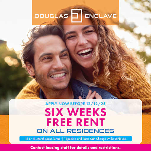 A promotional image for Douglas Enclave offering six weeks free rent on all residences.