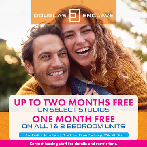 A promotional image for Douglas Enclave offering free studio rentals.