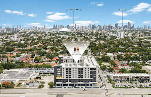 A large building with a sign that says "Havana" is in the foreground of a cityscape.