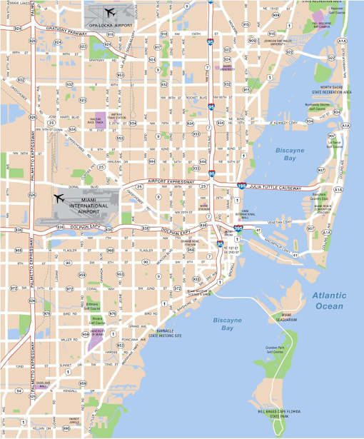 A map of Miami with the Biscayne Bay and the Atlantic Ocean.