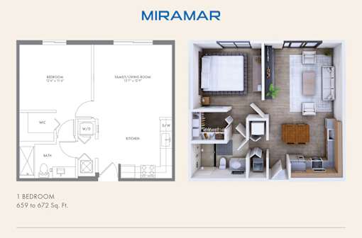 A floor plan and 3d rendering of a 1 bedroom apartment.
