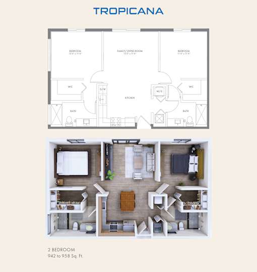 A floor plan of a 2 bedroom apartment sized between 942 to 958 square feet.