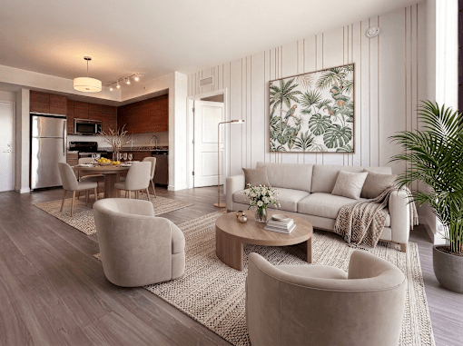 A modern living room with a large painting on the wall.