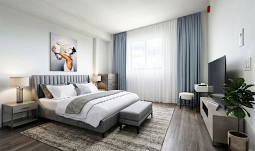 A modern bedroom with a large bed and a television.