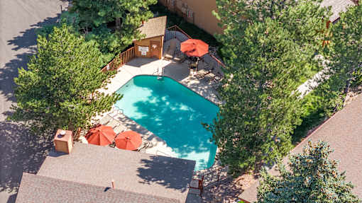 An aerial view of a pool surrounded by trees and chairs.