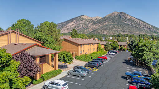 A parking lot with cars and a mountain in the background.