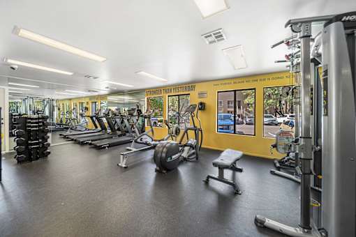 A gym with a variety of equipment including treadmills, weights, and exercise machines.