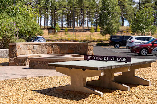 An outdoor ping pong table and fire pit.