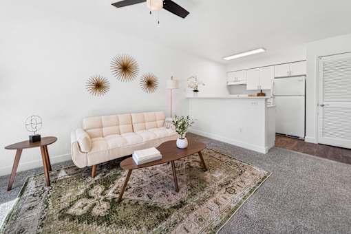 A living room with a beige couch, a coffee table, and a rug.