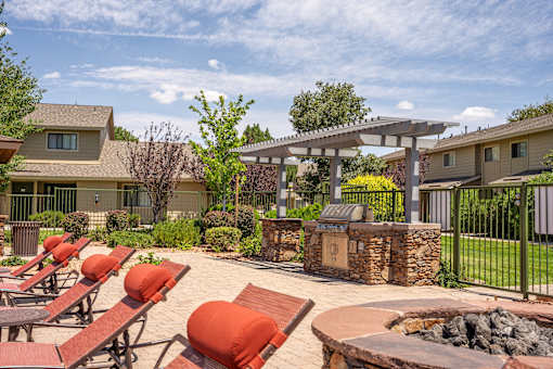 A sunny day at the outdoor seating area of a resort.