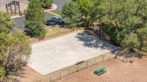 A basketball court surrounded by trees and a fence.