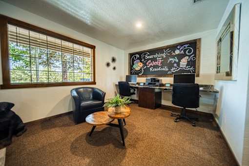 A room with a chalkboard on the wall that says "Searching for Sweet Residents".