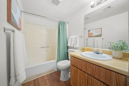 A bathroom with a toilet, sink, and shower.