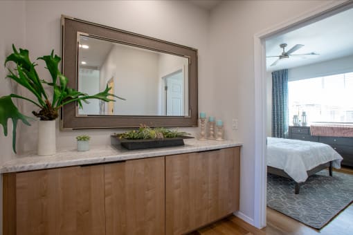 a bedroom with a large mirror and a plant on a counter
