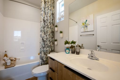 a bathroom with a white sink and toilet next to a tub with a shower curtain