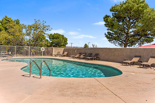 A pool with a metal fence and a tree in the background.