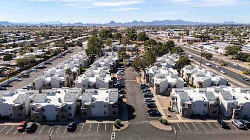 Arial view of Desert Springs Apartments looking west.