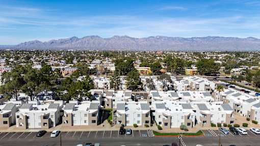Arial view of Desert Springs Apartments looking north to the mountains.