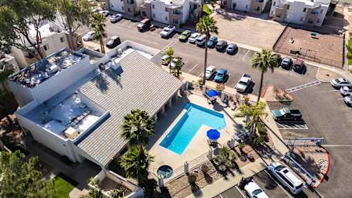 Arial view of the pool at Desert Springs Apartments.