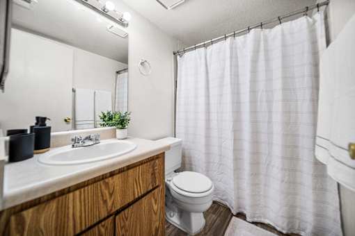 A bathroom with a white sink, toilet, and shower curtain.