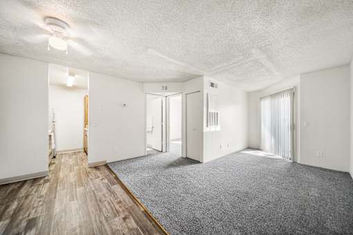 A room with a carpeted floor and vinyl flooring.