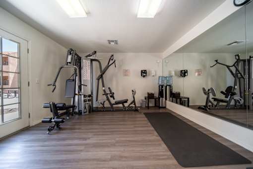 A spacious gym with a variety of equipment including treadmills, weights, and exercise machines.