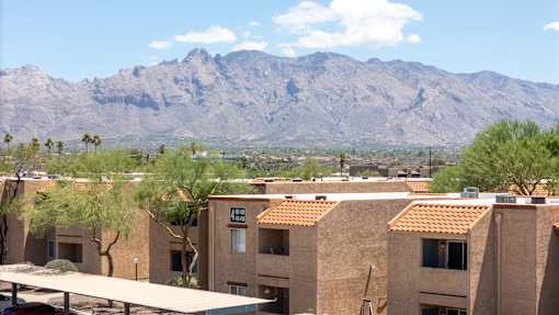A mountain range is in the background of a town.
