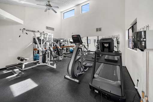 A well equipped gym with a treadmill, weights and exercise machines.