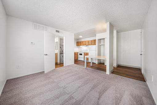 A spacious living room with a grey carpet and white walls.