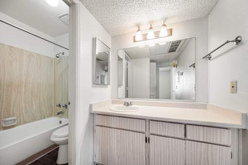 A bathroom with a sink, mirror, and bathtub.