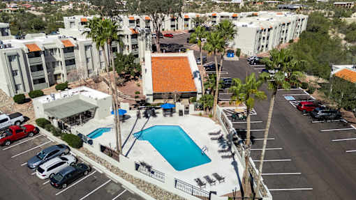 A swimming pool is surrounded by a parking lot and palm trees.