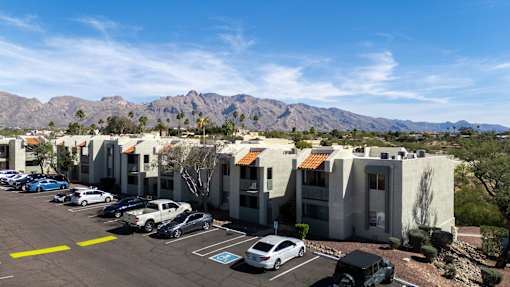 A parking lot with cars and a mountain in the background.
