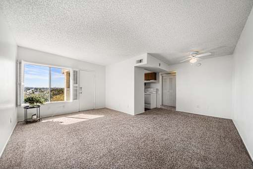 A room with a carpeted floor and a ceiling fan.