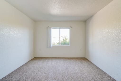 an empty room with a window and carpet