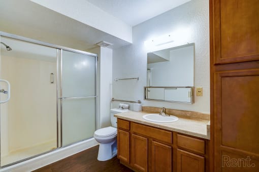 a bathroom with a sink toilet and a shower