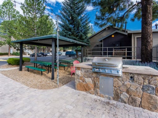 Outdoor Grill With Intimate Seating Area at Woodlands Village Apartments, Flagstaff