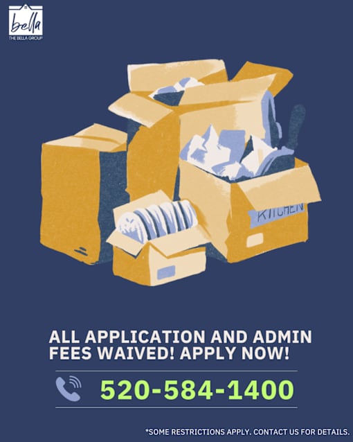 A poster advertising a promotion for waived application and admin fees with a phone number to call.