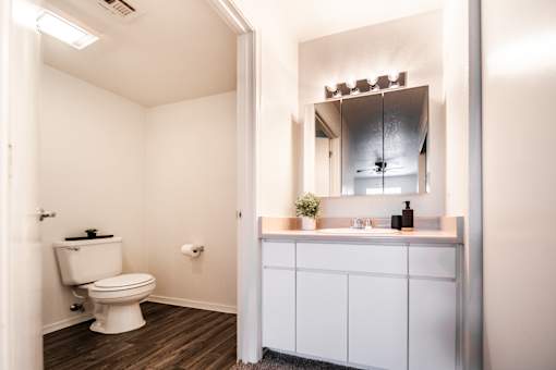 A white toilet is in a small bathroom with a white sink and a mirror.