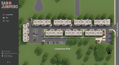 a site plan of a campus with a parking lot and trees
