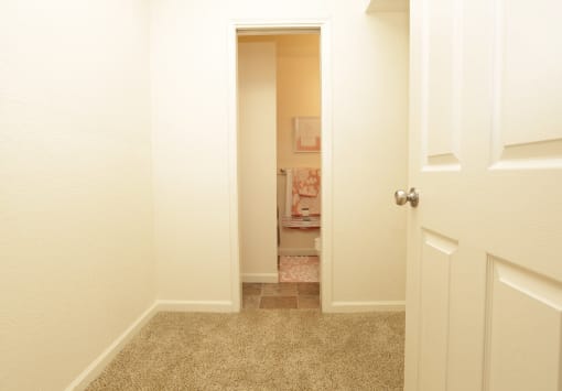walk-in closet with a view toward a private bathroom